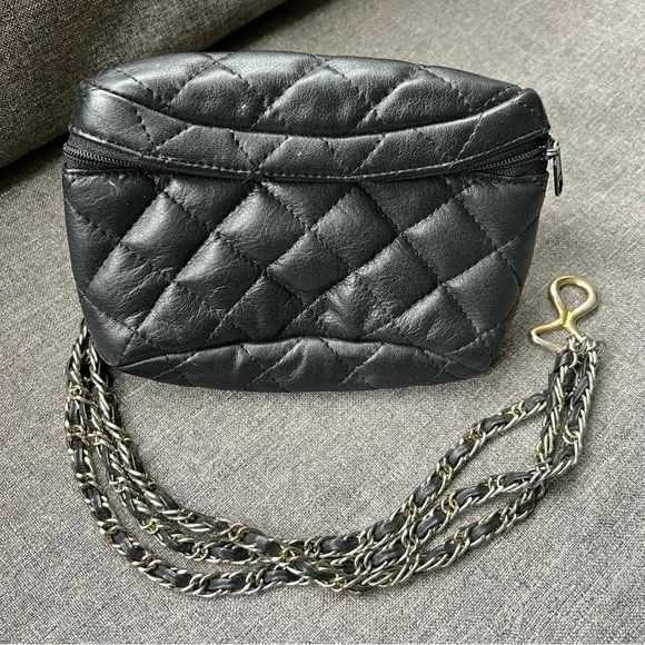 Vintage Black Quilted Chain Strap Waist Belt Bag - Picture 2 of 5